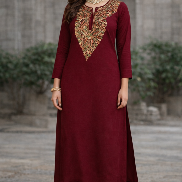 Mukhtalif Aari Embroidered Kashmiri Pheran Kurti with V-neck