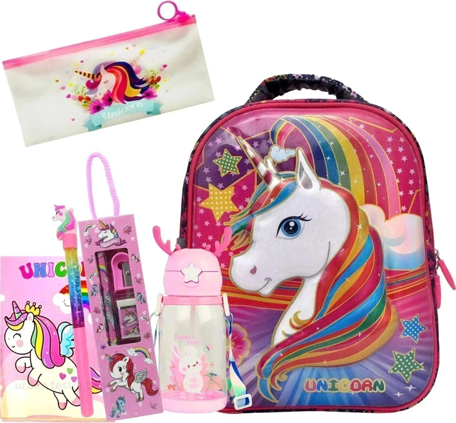 Unicorn with Bottle Pouch Pen Pencil Diary Stationery Set Waterproof School Bag