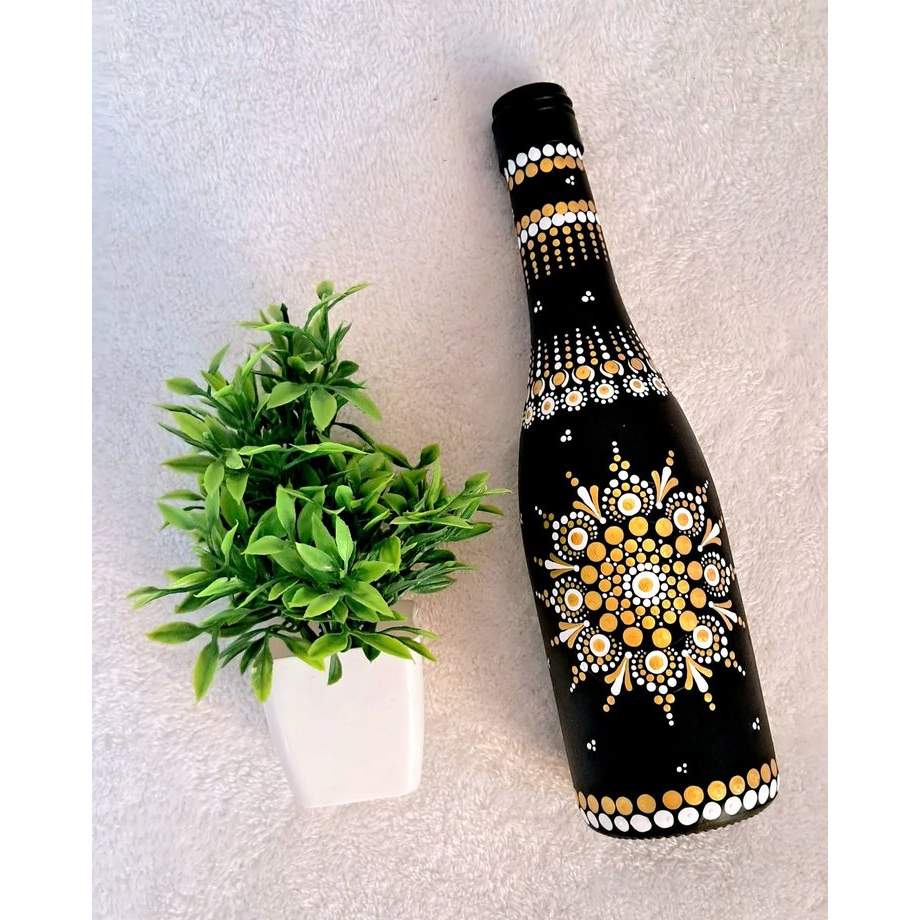 Hand Painted Decorative Bottle (Black) – Embroidery Art Style