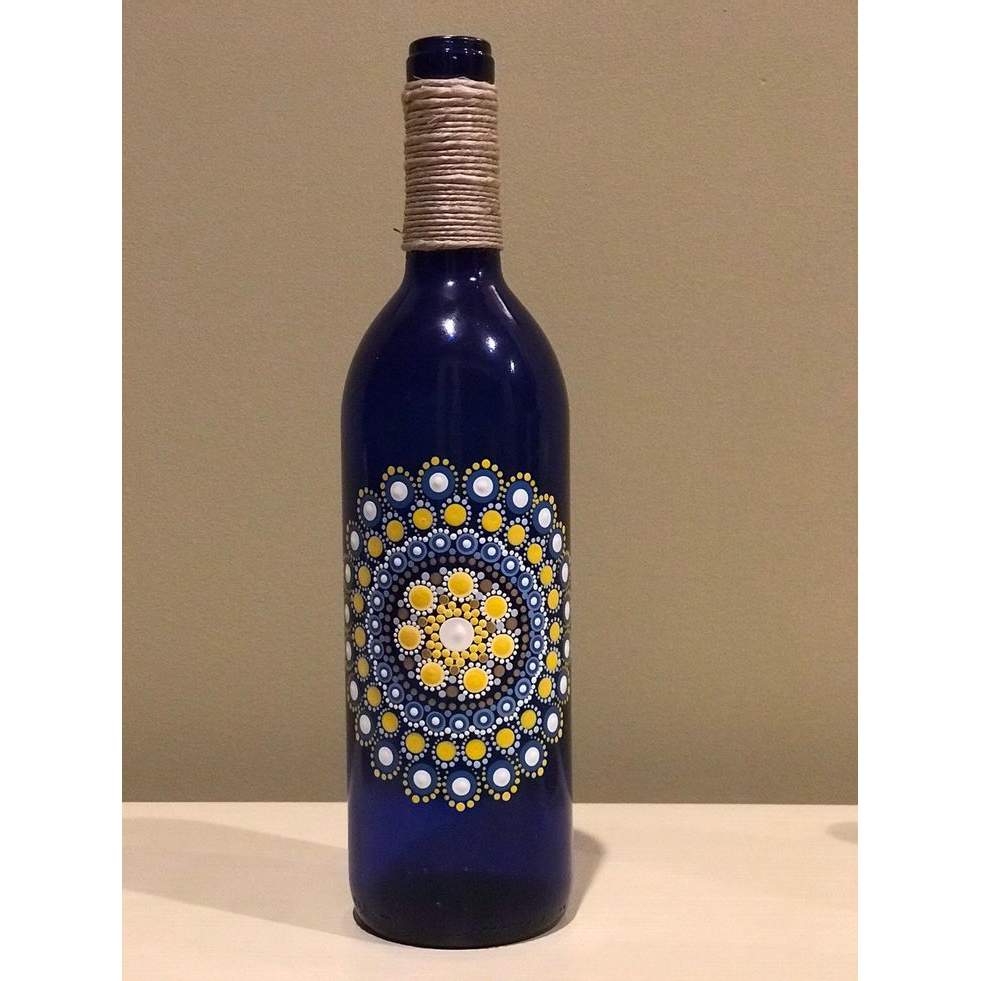 Hand Painted Decorative Bottle (Blue) – Embroidery Art Style